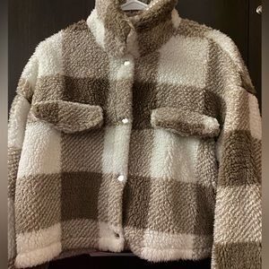 EMERY ROSE Plaid Flap Detail Teddy Jacket